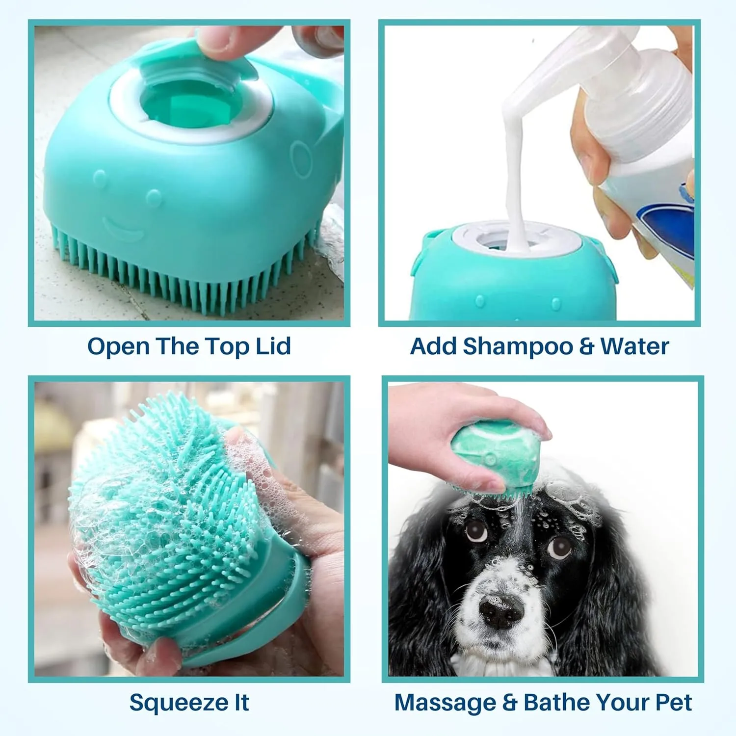 Pet Grooming Bath Massage Brush with Soap and Shampoo Dispenser Pet Grooming Bath Massage Brush with Soap and Shampoo Dispenser