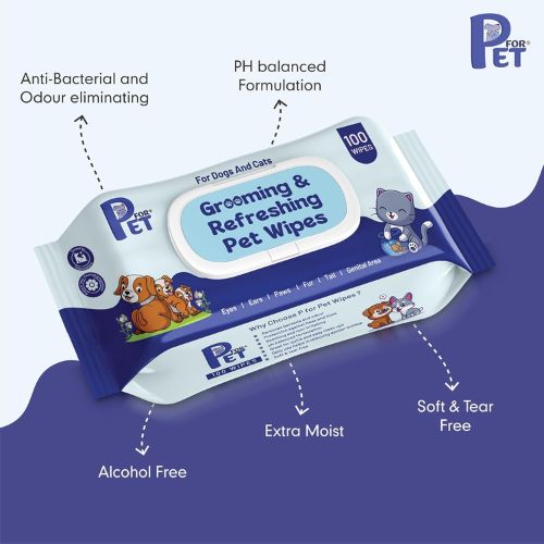 P for PET Grooming Wet Wipes – Antibacterial & Deodorizing Wipes for Dogs, Cats & All Pets (100 pcs)