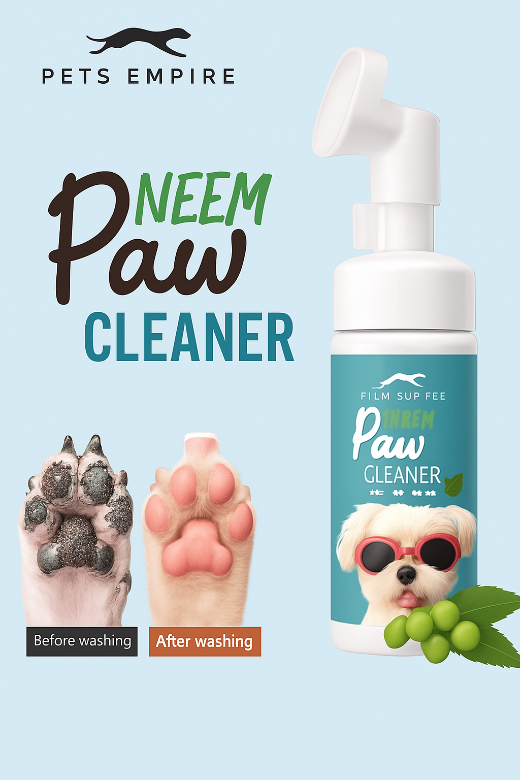 Pets Empire Paw Cleaner – Neem Foaming Cleanser with Silicone Brush for Dogs & Cats (150ml)